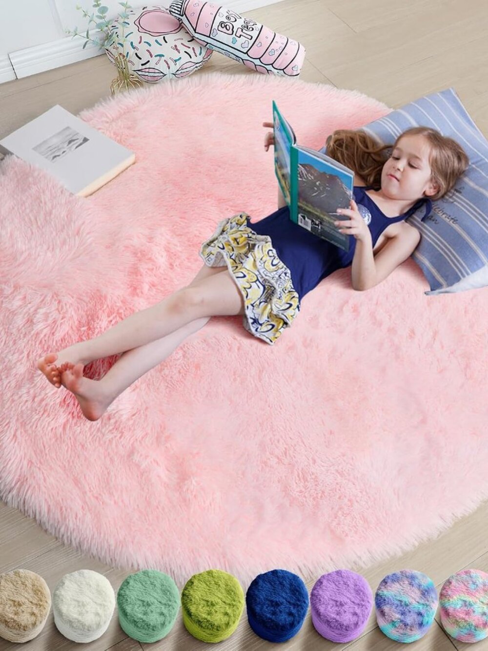 Pink Circle Round Fluffy Area Rug 4Ft for Girls Bedroom Kids Room